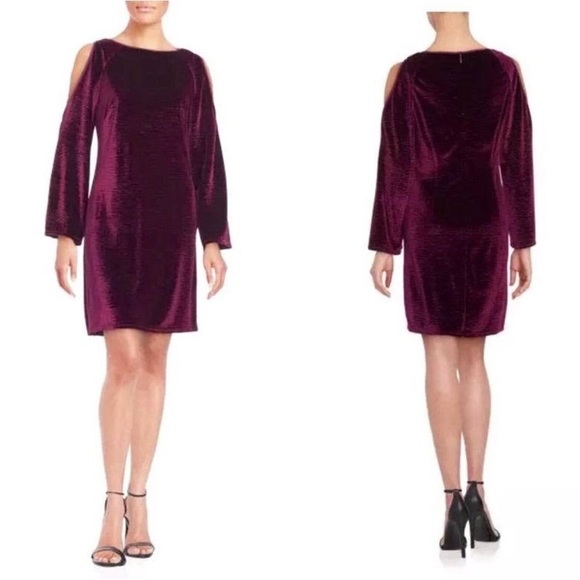 Adrianna Papell Dresses & Skirts - ADRIANNA PAPELL VELVET COLD SHOULDER SLEEVE DRESS SIZE 8 PETITE IN BURGUNDY